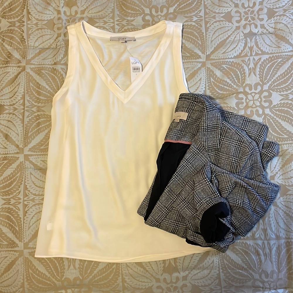 LOFT cream mixed media sleeveless blouse S